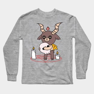 Cute Little Satan Goat over Pentigram with Skull and Candles Long Sleeve T-Shirt